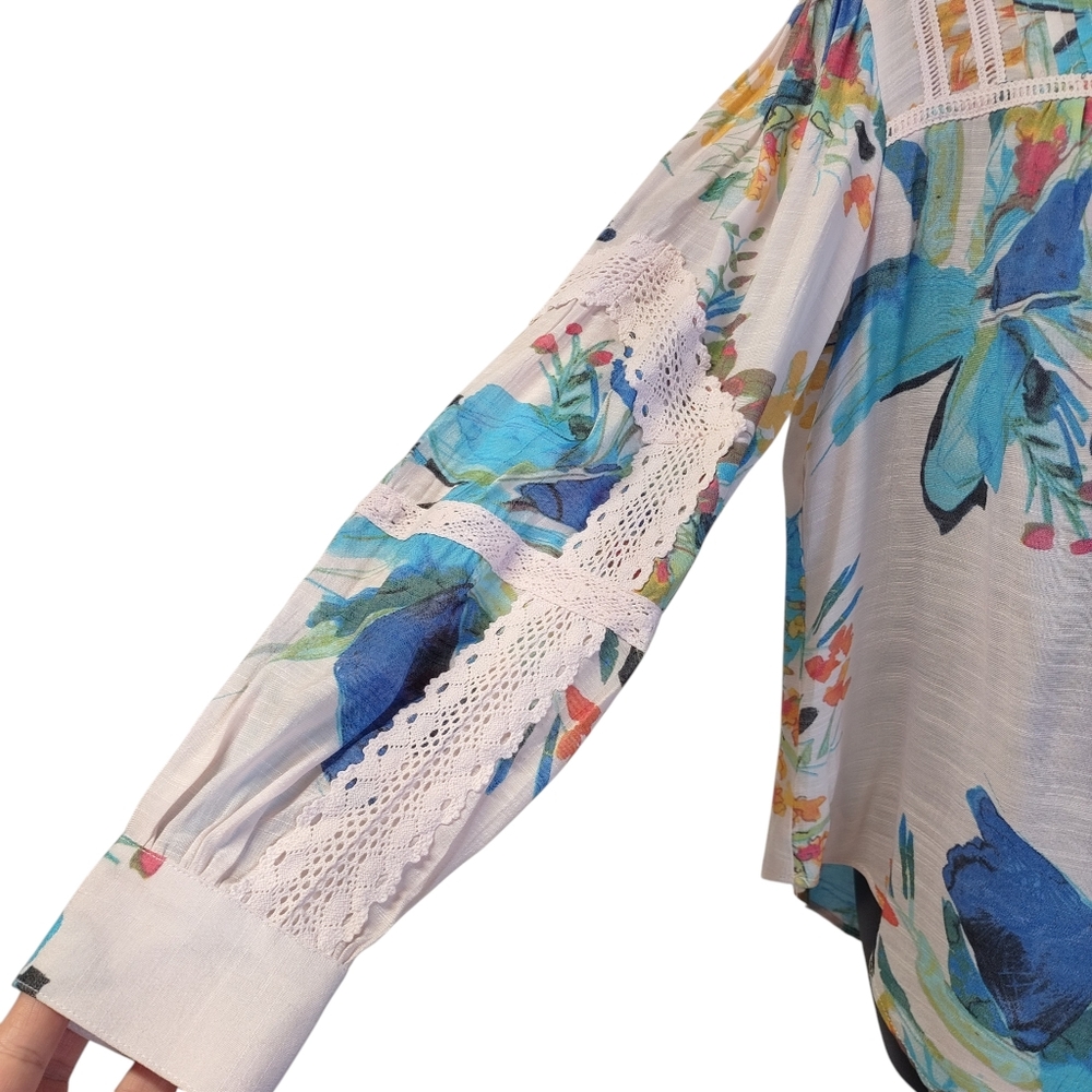 Zac & Rachel Women's Multi Color Floral Print Blouse Lace Trimmed Long Sleeve M - Picture 5 of 10